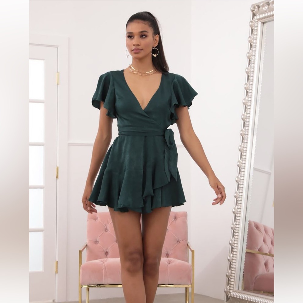 Lucy In The Sky Eliza Wrap Dress - Forest Green Satin